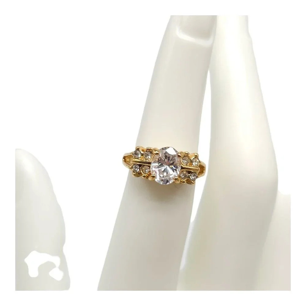 Clear Rhinestone Two Row Cocktail Ring Gold Tone Vintage Size 5
